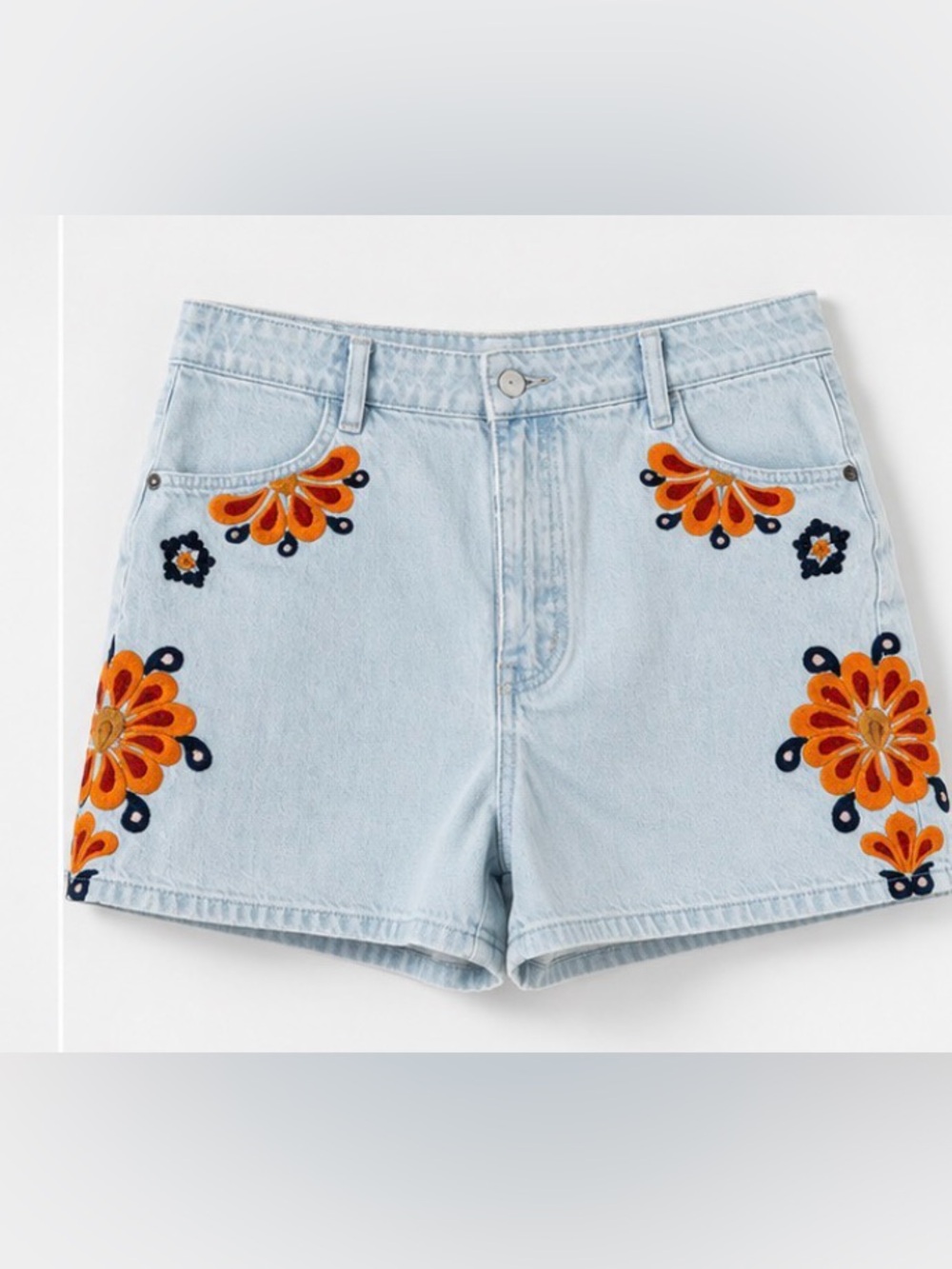 FARM Rio Light Blue Denim Shorts with Orange Floral Embroidery